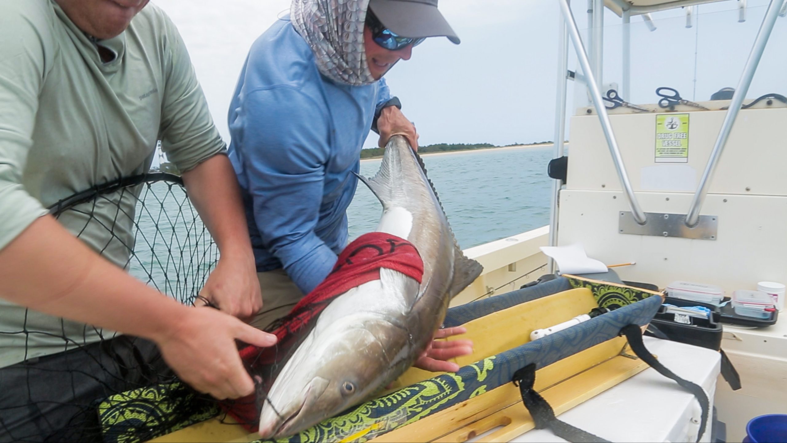 Global Change Fellow, Riley Gallagher, catches fish to study along the coast of North Carolina.