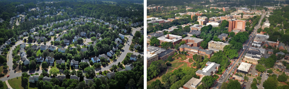 suburban housing vs. urban grid of buildings