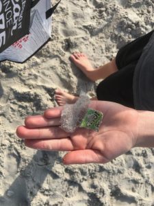 A student holding small pieces of plastic found on the shore. 