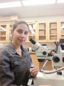 Ana Maria Salazar sitting in a lab beside a microscope.
