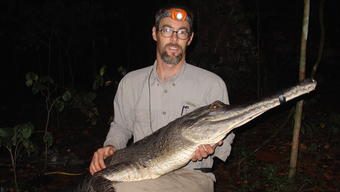 Mitch Eaton holding a slender-snouted crocodile