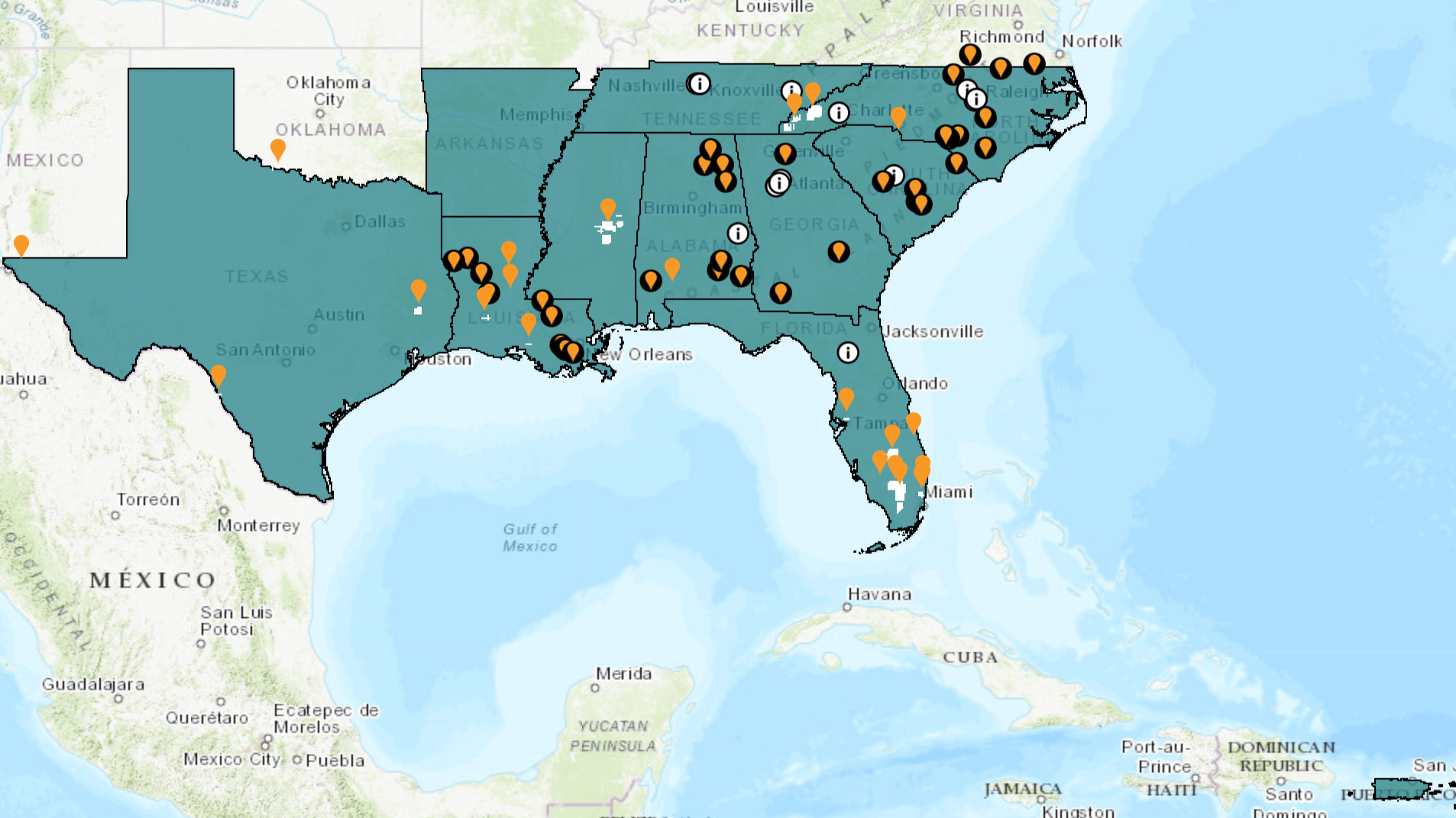 Map of SE US and PR with Tribal resource locations