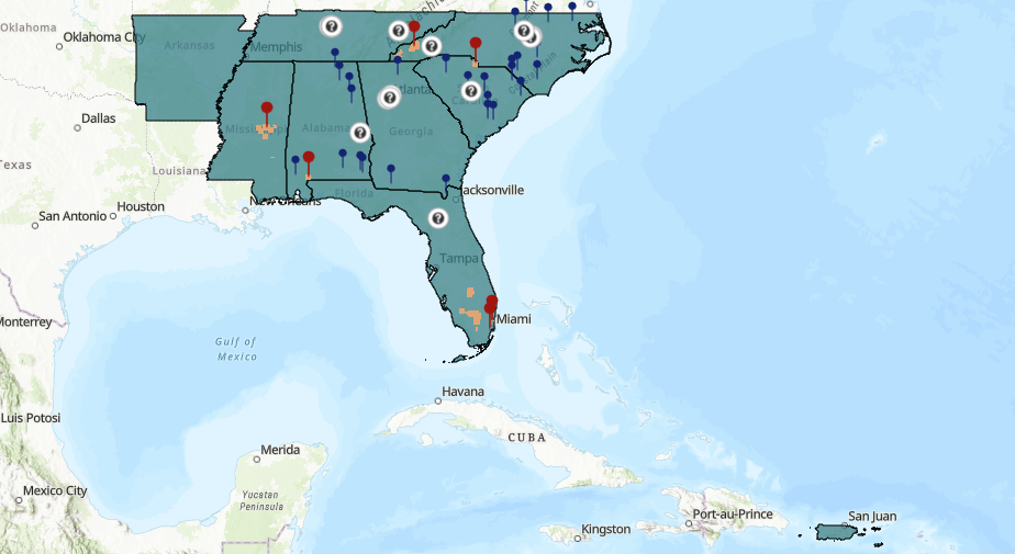 Map of SE US and PR with Tribal resource locations
