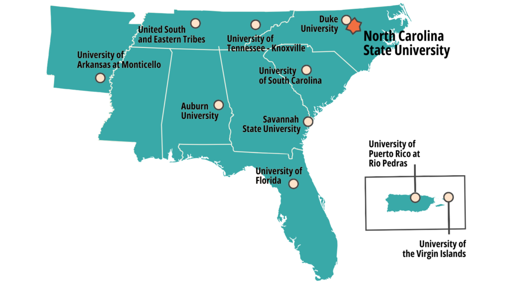 A map of the footprint of the Southeast Climate Adaptation Science Center with consortium institutions.